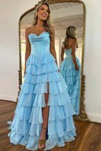 Load image into Gallery viewer, Stunning A-Line Sweetheart Satin Top Long Tiered Chiffon Prom Dress with Slit