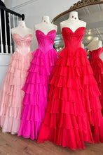 Load image into Gallery viewer, Stunning A-Line Sweetheart Satin Top Long Tiered Chiffon Prom Dress with Slit