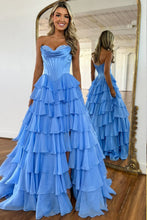 Load image into Gallery viewer, Stunning A-Line Sweetheart Satin Top Long Tiered Chiffon Prom Dress with Slit