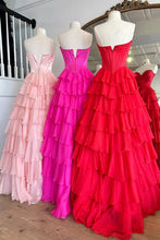 Load image into Gallery viewer, Stunning A-Line Sweetheart Satin Top Long Tiered Chiffon Prom Dress with Slit