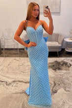 Load image into Gallery viewer, Luxurious Mermaid Spaghetti Straps Blue Long Prom Dress with Pearls