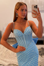 Load image into Gallery viewer, Luxurious Mermaid Spaghetti Straps Blue Long Prom Dress with Pearls