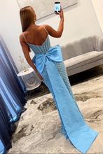 Load image into Gallery viewer, Luxurious Mermaid Spaghetti Straps Blue Long Prom Dress with Pearls