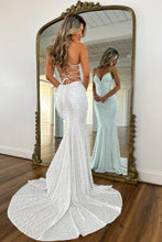 Load image into Gallery viewer, Luxurious Mermaid Spaghetti Straps White Long Prom Dress with Pearls