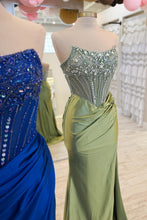 Load image into Gallery viewer, Luxurious Mermaid Strapless Dark Blue Corset Prom Dress with Beading
