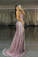 Load image into Gallery viewer, Luxurious Mermaid Strapless Lilac Sequins Corset Prom Dress with Beading
