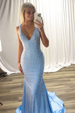 Load image into Gallery viewer, Luxurious Mermaid V Neck Pink Long Prom Dress with Pearls