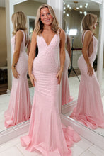 Load image into Gallery viewer, Luxurious Mermaid V Neck Pink Long Prom Dress with Pearls
