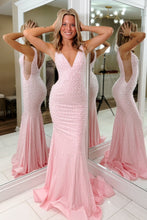 Load image into Gallery viewer, Luxurious Mermaid V Neck Pink Long Prom Dress with Pearls