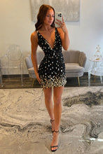 Load image into Gallery viewer, Luxurious Sheath Deep V Neck Gold Sequins Short Homecoming Dress