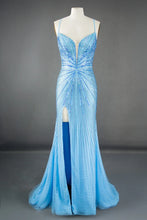 Load image into Gallery viewer, Luxurious Mermaid Spaghetti Straps Lilac Long Prom Dress with Beading Slit