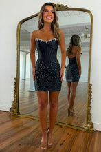Load image into Gallery viewer, Luxurious Sheath Strapless Light Pink Corset Homecoming Dress with Pearls