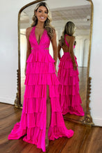 Load image into Gallery viewer, Luxurious Sparkly Mermaid Halter Long Tiered Beaded Prom Dress with High Slit