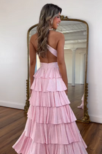 Load image into Gallery viewer, Luxurious Sparkly Mermaid Halter Long Tiered Beaded Prom Dress with High Slit