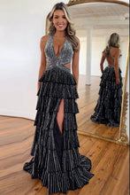 Load image into Gallery viewer, Luxurious Sparkly Mermaid Halter Long Tiered Beaded Prom Dress with High Slit