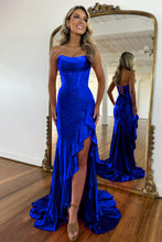 Load image into Gallery viewer, Orange Sparkly Mermaid Strapless Lace Up Long Beaded Prom Dress with Slit