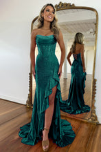 Load image into Gallery viewer, Orange Sparkly Mermaid Strapless Lace Up Long Beaded Prom Dress with Slit