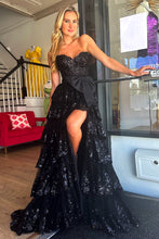 Load image into Gallery viewer, Sparkly Pink A-Line Sweetheart Long Tiered Sequin Prom Dress with Slit