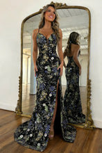 Load image into Gallery viewer, Fashionable Mermaid Spaghetti Straps Black Floral Lace Up Sequin Prom Dress