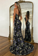 Load image into Gallery viewer, Fashionable Mermaid Spaghetti Straps Black Floral Lace Up Sequin Prom Dress