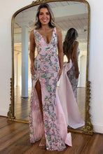 Load image into Gallery viewer, Hot Mermaid Deep V Neck Pink Long Prom Dress with Embroidery Bowknot