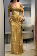 Load image into Gallery viewer, Luxury Gold Glitter Off-Shoulder Beaded Mermaid Prom Gown with Slit