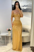 Load image into Gallery viewer, Luxury Gold Glitter Off-Shoulder Beaded Mermaid Prom Gown with Slit