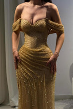 Load image into Gallery viewer, Luxury Gold Glitter Off-Shoulder Beaded Mermaid Prom Gown with Slit