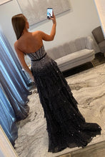 Load image into Gallery viewer, Sparkly A Line Strapless Black Corset Prom Dress with Beading Ruffles