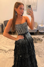 Load image into Gallery viewer, Sparkly A Line Strapless Black Corset Prom Dress with Beading Ruffles