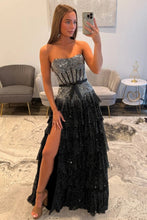 Load image into Gallery viewer, Sparkly A Line Strapless Black Corset Prom Dress with Beading Ruffles