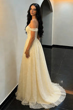 Load image into Gallery viewer, Pretty A Line Off Shoulder Light Yellow Prom Gown with Glitter Pearls Tulle Skirt