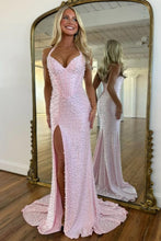 Load image into Gallery viewer, Luxury Mermaid Halter Neck Aqua Corset Prom Dress with Pearls and Slit