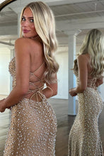 Load image into Gallery viewer, Glamorous Spaghetti Straps Light Blue Mermaid Prom Dress with Pearl Beaded