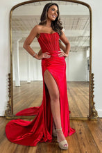 Load image into Gallery viewer, Mermaid Strapless Sweep Train Satin Prom Party Dress with Split