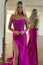 Load image into Gallery viewer, Mermaid Strapless Sweep Train Satin Prom Party Dress with Split