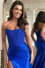 Load image into Gallery viewer, Mermaid Strapless Sweep Train Satin Prom Party Dress with Split