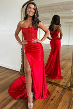 Load image into Gallery viewer, Mermaid Strapless Sweep Train Satin Prom Party Dress with Split