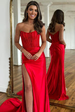 Load image into Gallery viewer, Mermaid Strapless Sweep Train Satin Prom Party Dress with Split