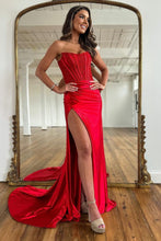 Load image into Gallery viewer, Mermaid Strapless Sweep Train Satin Prom Party Dress with Split
