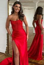 Load image into Gallery viewer, Mermaid Strapless Sweep Train Satin Prom Party Dress with Split