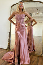 Load image into Gallery viewer, Mermaid Strapless Sweep Train Satin Prom Party Dress with Split