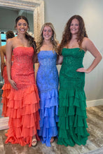 Load image into Gallery viewer, Mint Green Mermaid Strapless Lace Top Long Tiered Prom Dress