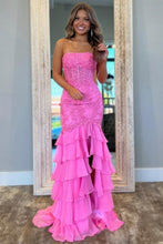 Load image into Gallery viewer, Mint Green Mermaid Strapless Lace Top Long Tiered Prom Dress