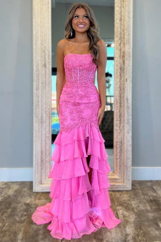 Mint Green Mermaid Strapless Lace Top Long Tiered Prom Dress