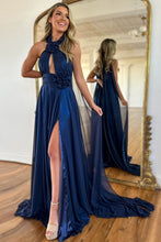 Load image into Gallery viewer, Navy A-Line Halter Neck Long Satin Prom Dress with Ribbons and Slit