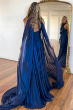 Load image into Gallery viewer, Navy A-Line Halter Neck Long Satin Prom Dress with Ribbons and Slit