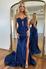 Load image into Gallery viewer, Navy Blue Sweetheart Mermaid Long Satin Prom Dress With Split