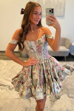 Load image into Gallery viewer, Modern A Line Off the Shoulder Lilac Printed Short Homecoming Dress