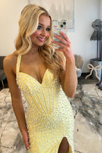 Load image into Gallery viewer, Luxury Mermaid Halter Neck Aqua Corset Prom Dress with Pearls and Slit